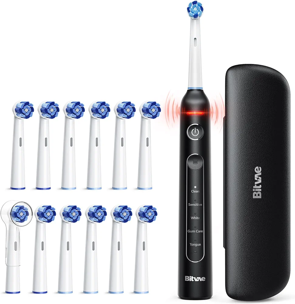 Bitvae R2 Rotating Electric Toothbrush with 13 Brush Heads, Pressure Sensor, Travel Case, Black & R2 Ultimate Clean Replacement Toothbrush Heads Bundle