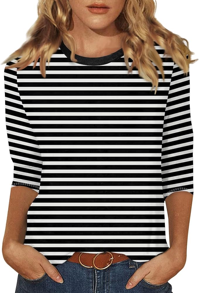 3/4 Length Sleeve Womens Tops Plus Size,Basic Elbow Sleeve Workout Top Striped Shirt Crew Neck 3 Quarter Sleeve Tees