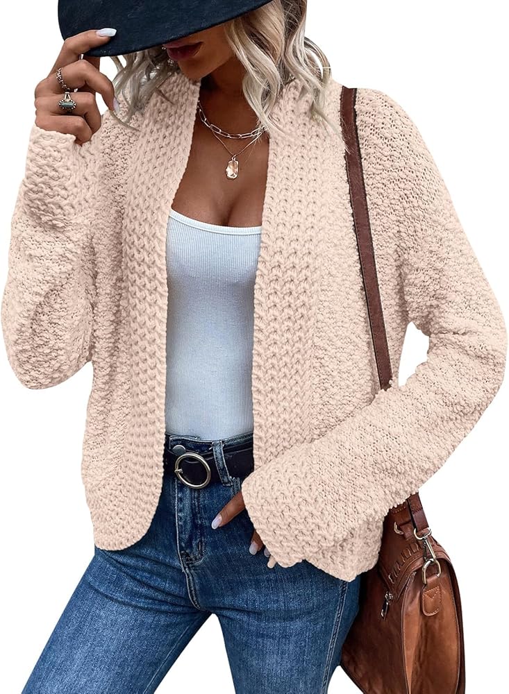 PRETTYGARDEN Open Front Fall Lightweight Cardigan Sweaters for Women Trendy 2024 Popcorn Knit Cardigans Cute Sweater