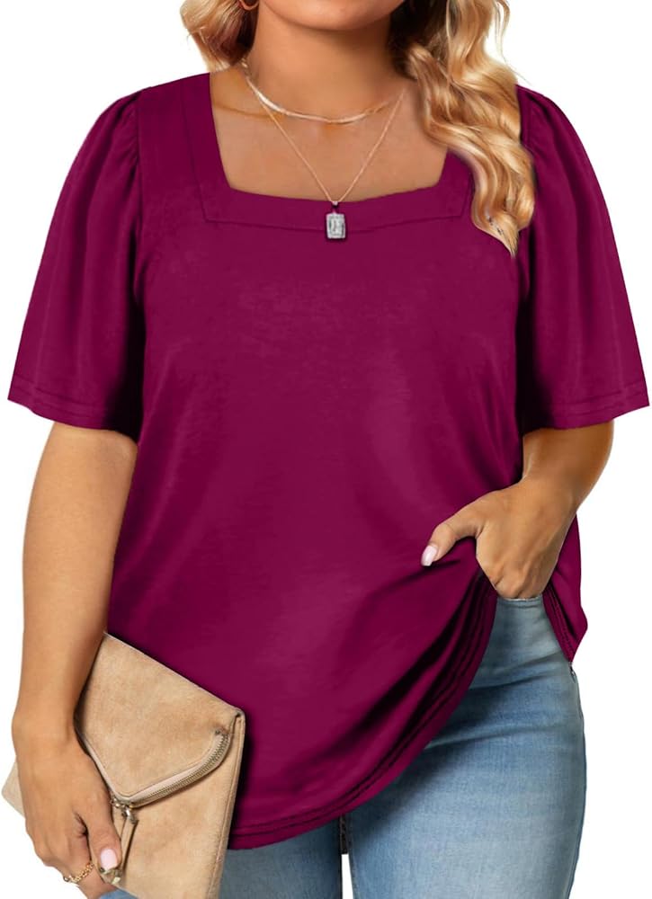 Eytino Womens Plus Size Tops Casual Summer Square Neck Puff Sleeve Loose Fit Tee Shirts(1X-5X)