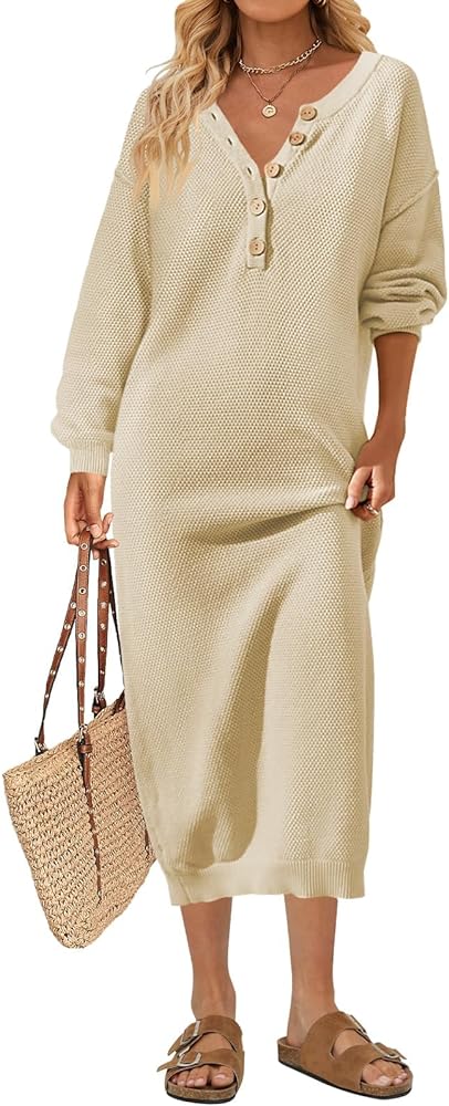 MEROKEETY Women's 2023 Long Sleeve Button V Neck Sweater Dress Casual Fall Loose Knit Maxi Dress