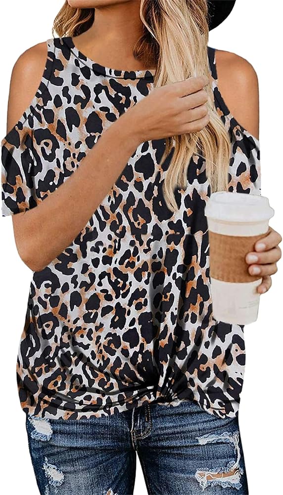 Andongnywell Womens Leopard Print Summer Cold Shoulder Tops Short Sleeve T Shirts Pullover Casual Blouses