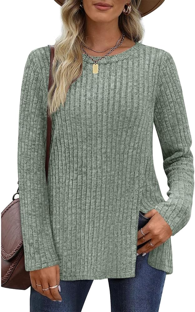 BZB Sweaters for Women Long Sleeve Crewneck Side Split Hem Tunic Tops