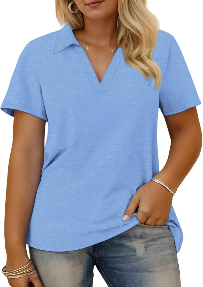 VISLILY Plus-Size-Summer-Tops for Women Collared V Neck Polo Shirts Flowy Tunics Trendy Short Sleeve Blouses XL-5XL