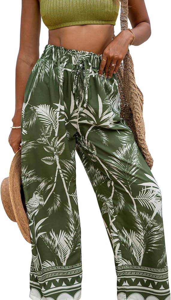 CUPSHE Women Pants Tropical Wide Leg Resort Boho Loose Fit Pant Casual Beach