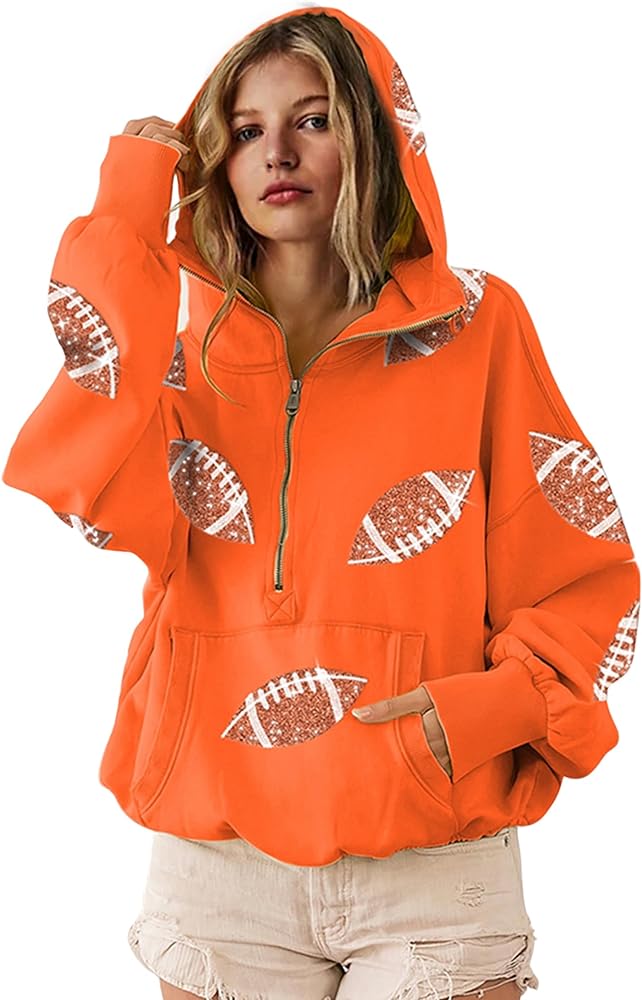 SeekMe Womens Game Day Sweatshirts Football Sequin Hoodies Tailgate Outfits Long Sleeve Zipper Sweaters with Pocket