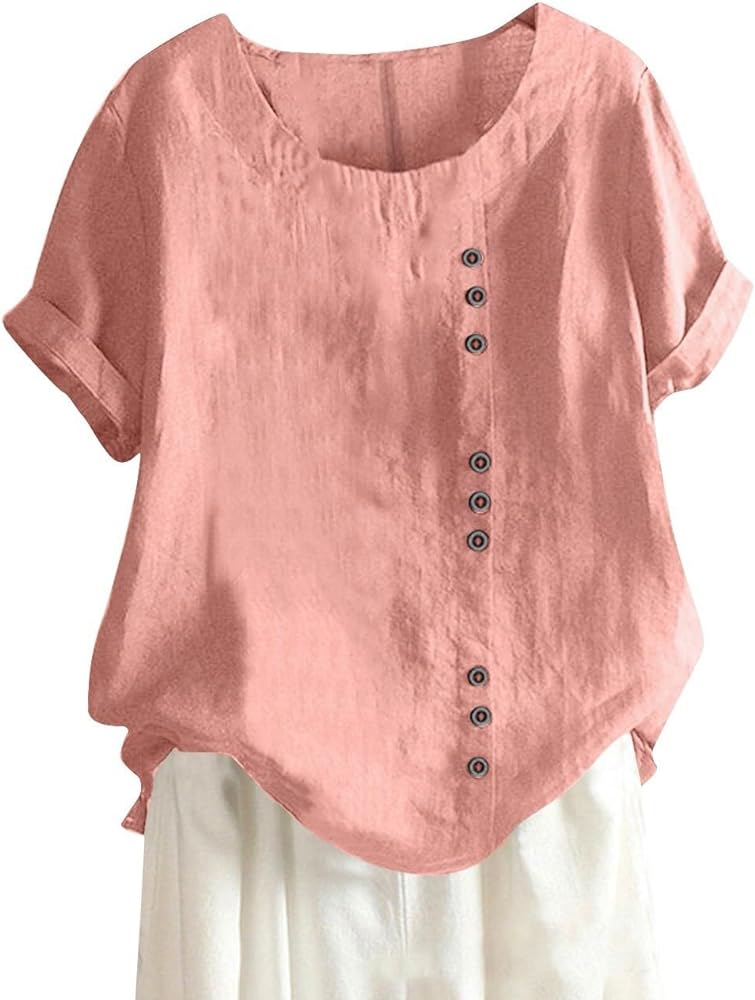 Linen Tops for Women Button Cotton Short Sleeve Round Neck Vintage and Hemp Solid T-Shirt Top