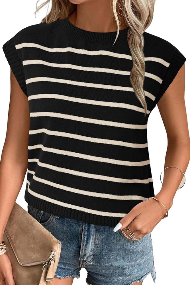 Arach&Cloz Womens Summer 2024 Sweater Vest Cap Sleeve Crew Neck Striped Fashion Casual Sleeveless Fall Tops Clothes