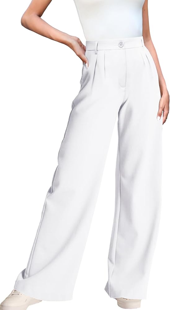 ELLEVEN Women's Casual Wide Leg Dress-Pants, High Elastic Waisted in The Back Business Flowy Trousers with Pockets