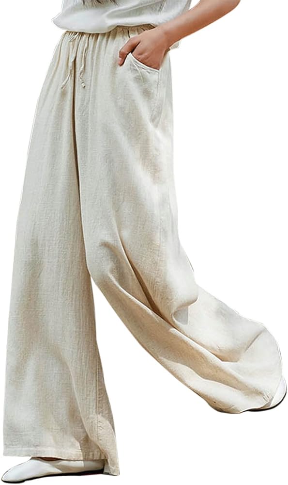 IXIMO Women's Cotton Linen Wide Leg Pants Casual Drawstring Lounge Palazzo Loose Trousers