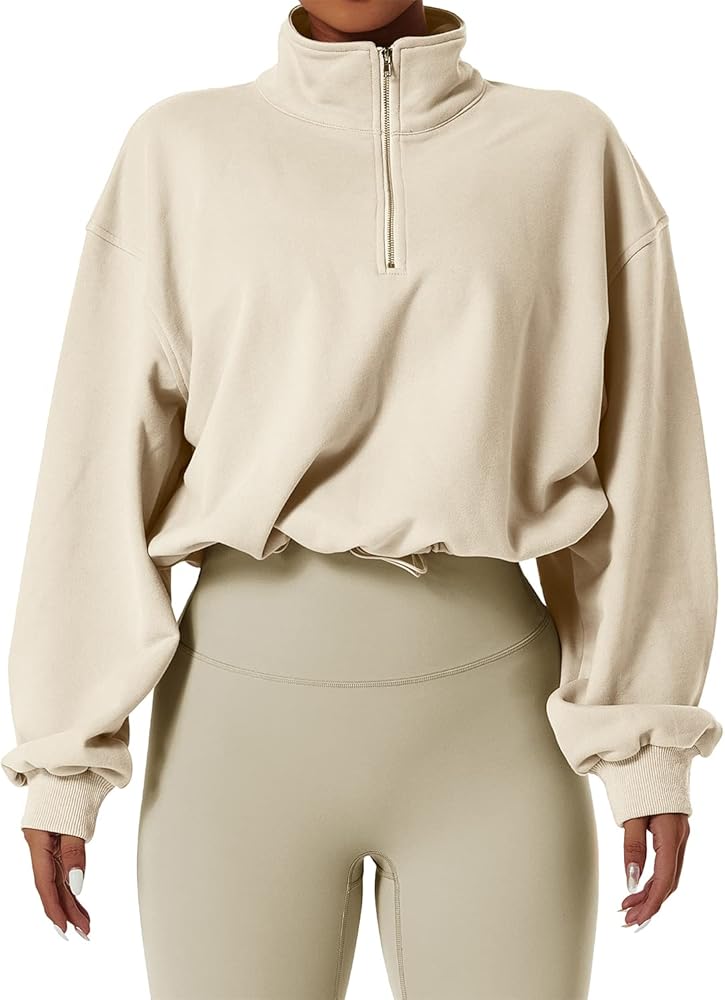 QINSEN Women's Half Zip Crop Sweatshirt High Neck Long Sleeve Pullover Athletic Cropped Tops