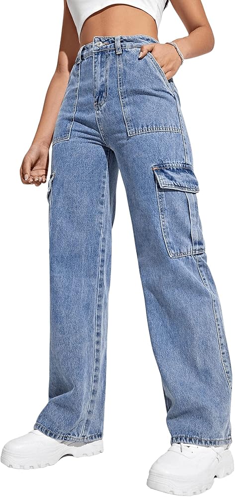 SweatyRocks Women's High Waist Cargo Jeans Flap Pocket Wide Leg Denim Pants