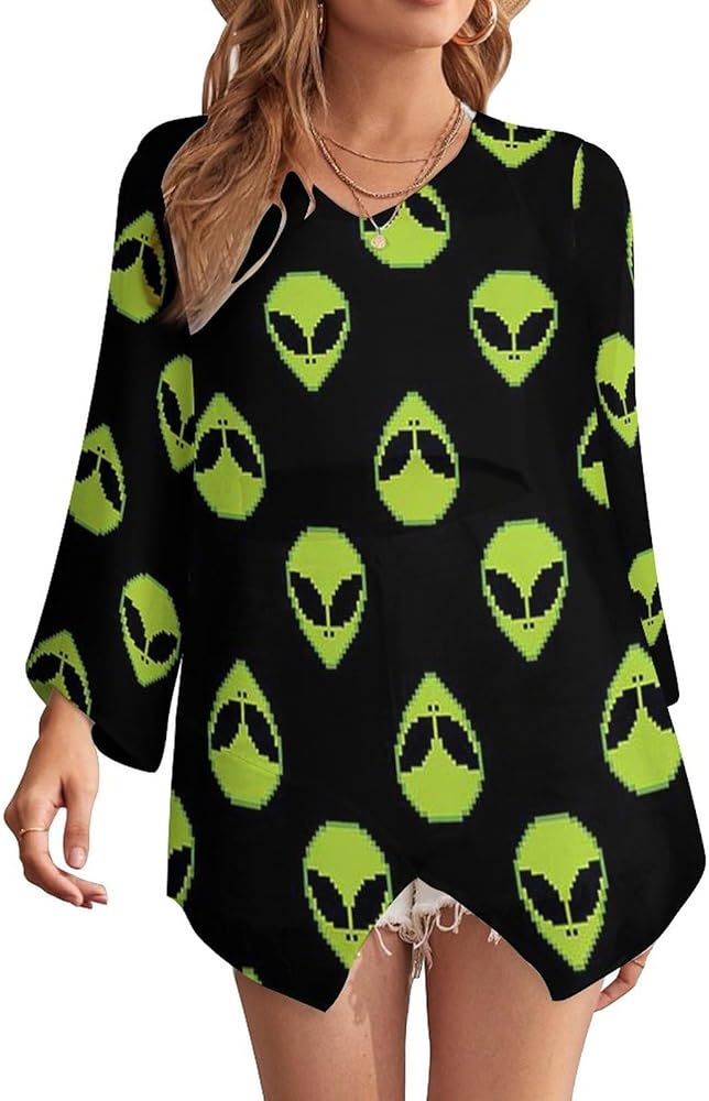 Symmetrical Alien Casual Womens T-Shirts Long Sleeve Tee Tops Loose V Neck Blouse Summer Beach