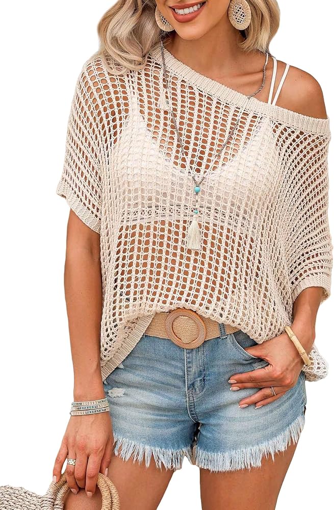 Verdusa Women's Half Dolman Sleeve Crochet Sweater Casual Loose Summer Hollow Out Knit Tops Cover Up