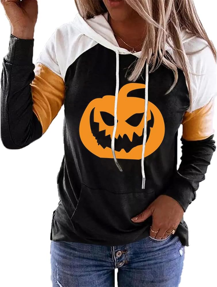 QIANRUO Halloween Hoodie Tshirt for Women Pumpkin Face Graphic Tees Tops Long Sleeve Color Block Pullover Shirt