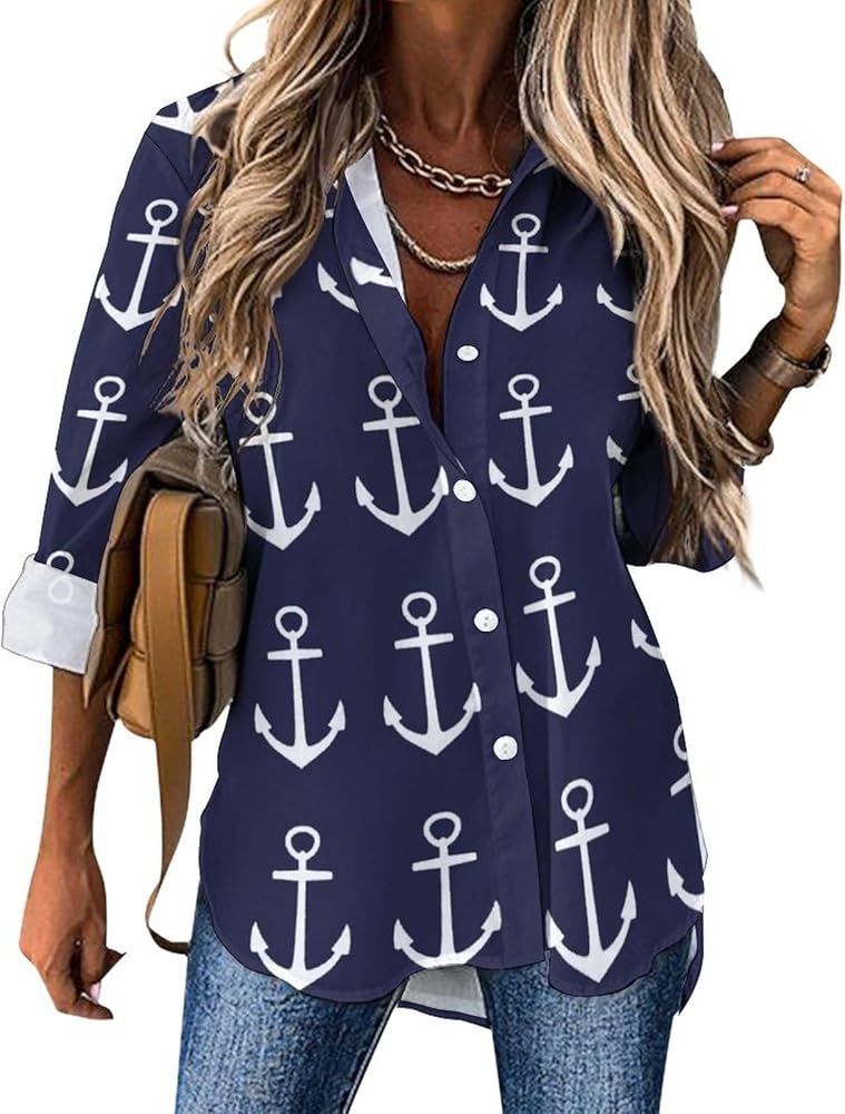 Nautical Navy Blue Anchor Womens Shirts Long Sleeve Button Down Blouse Casual T-Shirt Tops