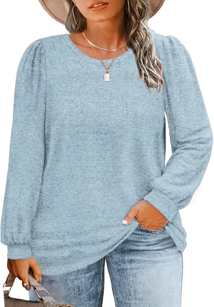 Womens-Plus-Size-Tops Crew Neck Puff Sleeve Shirts Casual Tunic Sweatshirts XL-5XL