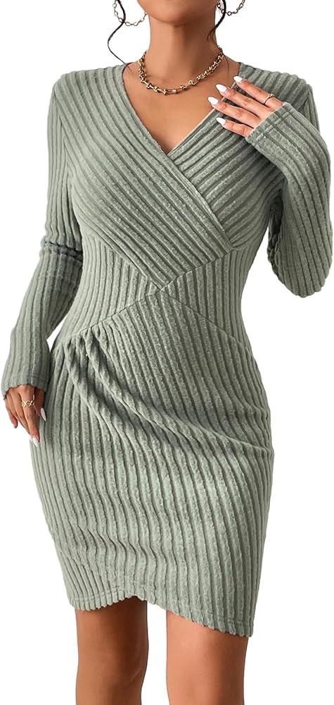 MakeMeChic Women's Elegant V Neck Ribbed Knit Long Sleeve Mini Bodycon Pencil Sweater Dress