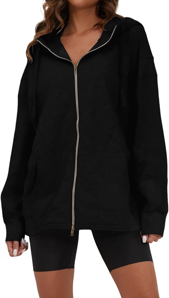 MISSACTIVER Women Oversized Zipper Hooded Sweatshirt Drop Shoulder Long Sleeve Solid Basic Workout Drawstring Jacket Top