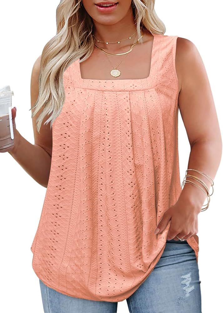 ROSRISS Plus-Size-Tank-Tops Summer Sleeveless Loose Fit Pleated Shirts Square Neck Tunics Eyelet Flowy Tees