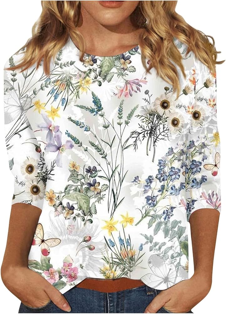 3/4 Length Sleeve Womens Tops 2024 Floral Print Vintage Casual Loose with Round Neck Plus Size Shirts