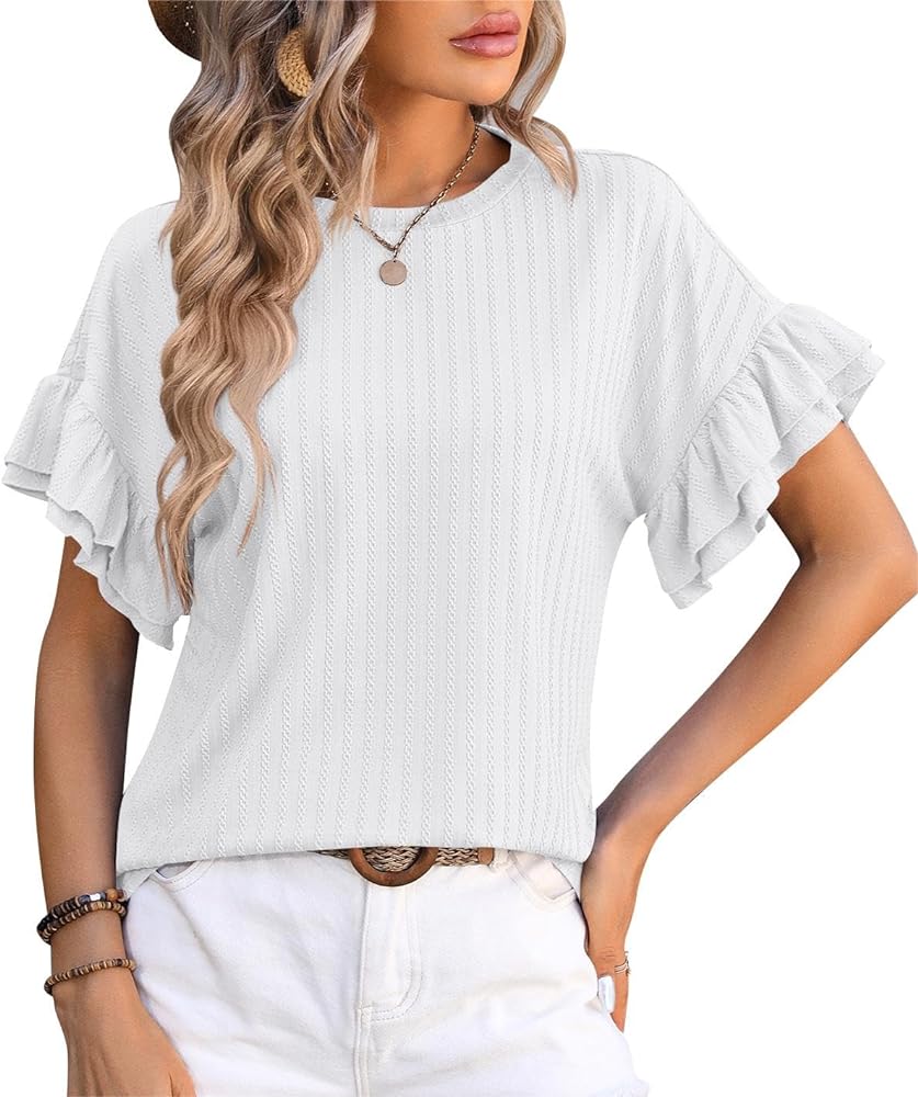 Womens Summer Tops Crewneck Ruffle Short Sleeve Tee Shirts Casual Babydoll Blouses