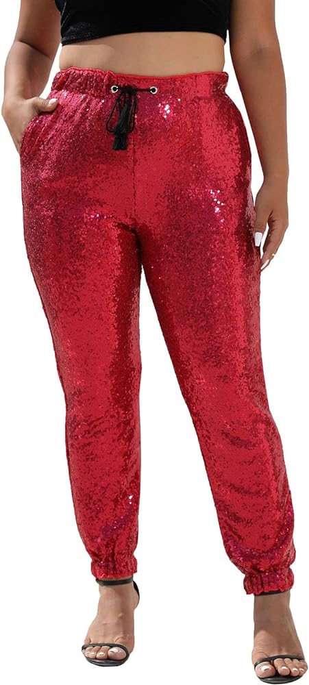 IUALXYBB Womens Glitter Sequin Joggers Pants Sequin Ladies Casual Skinny Pants