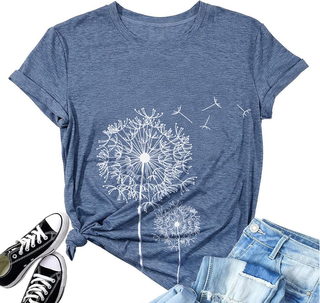 T-Shirts for Women,Dandelion Shirt Round Neck T-Shirts Loose Blouse Tops Girl Graphic Casual Tees