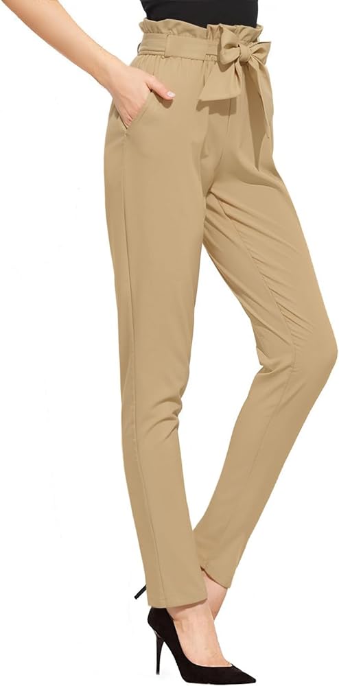 Hybrid & Company Women's Paper Bag Pants Casual Slim High Waist Pants with Bow Knot