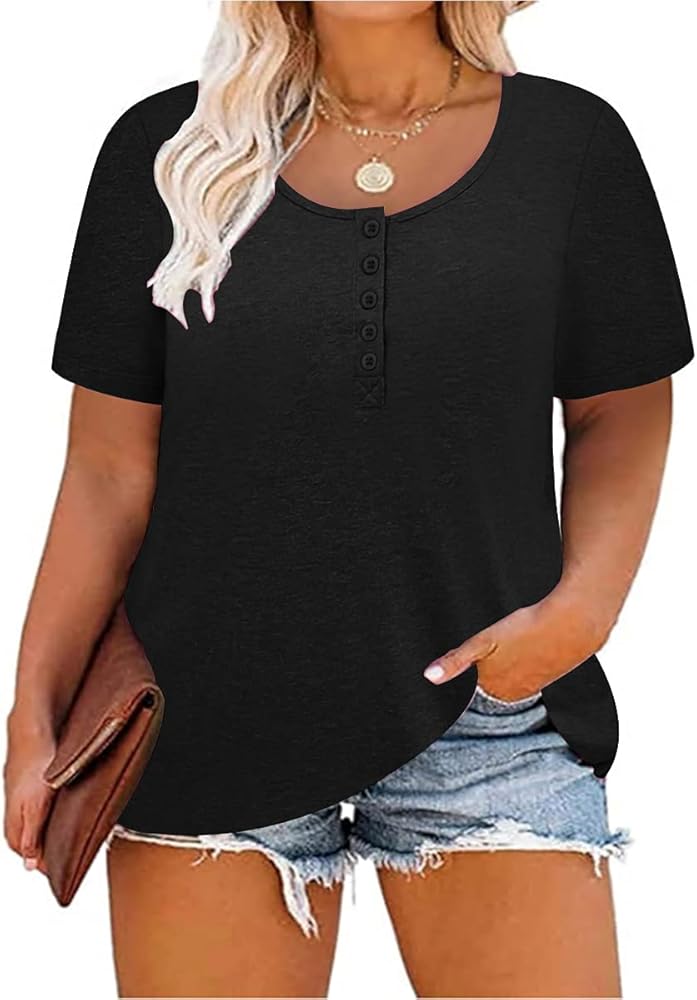 RITERA Plus Size Tops for Women Summer Short Sleeve Button Henley Shirts Oversized Tunic Blouse XL-6XL