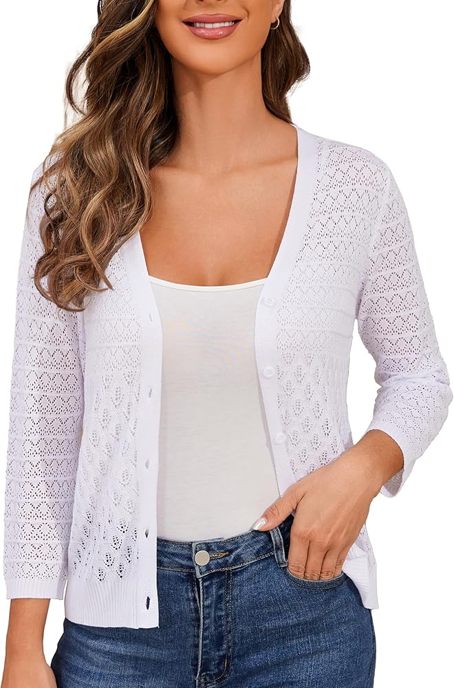 Women's Lightweight Crochet Cardigan 3/4 Sleeve Cropped V Neck Button Shrug Knit Sweater Tops