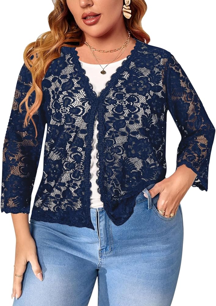 Women's Plus Size 3/4 Sleeve Bolero Shrugs Crochet Lace Open Front Cardigan