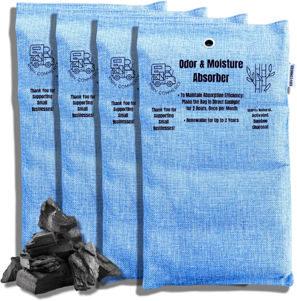 4 Extra Large: Activated Charcoal Bamboo: Odor Absorber Bags, Flat (Equal to 10 Small Bags): Large Odor Eliminator, Moisture Absorber, Air Purifying, Odor Absorbers & Under Mattress Moisture Control