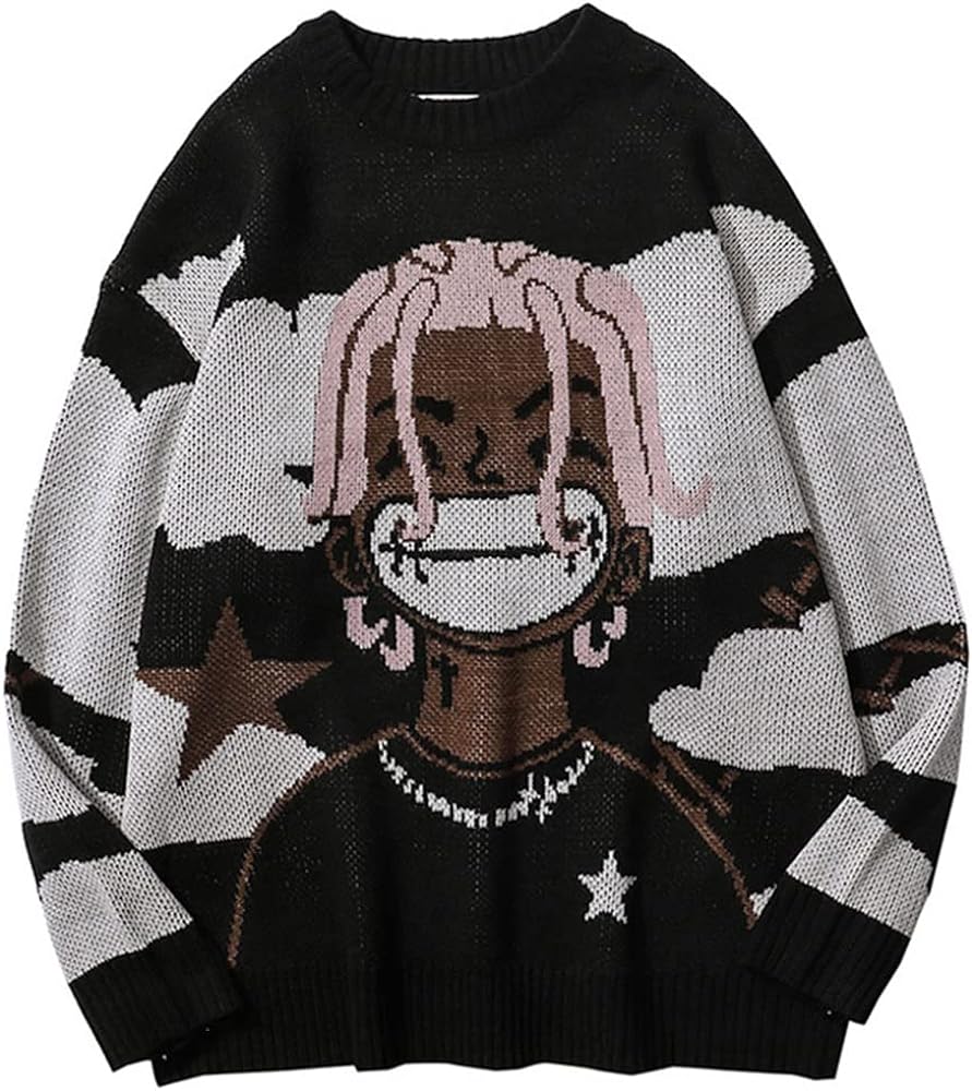 Long Sleeve Crewneck Anime Rapper Knit Sweater Harajuku Hip Hop Rap Vintage Knitted Sweater Streetwear