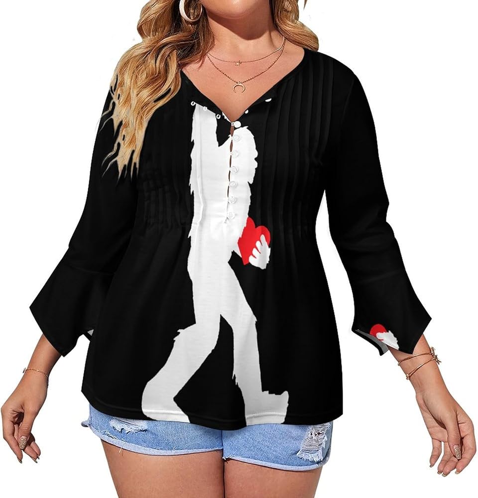 Bigfoot Holding Heart Cute Womens T-Shirts 3/4 Sleeve Button Down Tee Tops Blouse Summer Beach