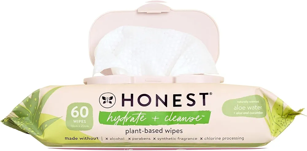 The Honest Company Hydrate + Cleanse Naturally Scented Wipes | Cleansing Multi-Tasking Wipes | 99% Water, Plant-Based, Hypoallergenic | Aloe + Cucumber, 60 Count