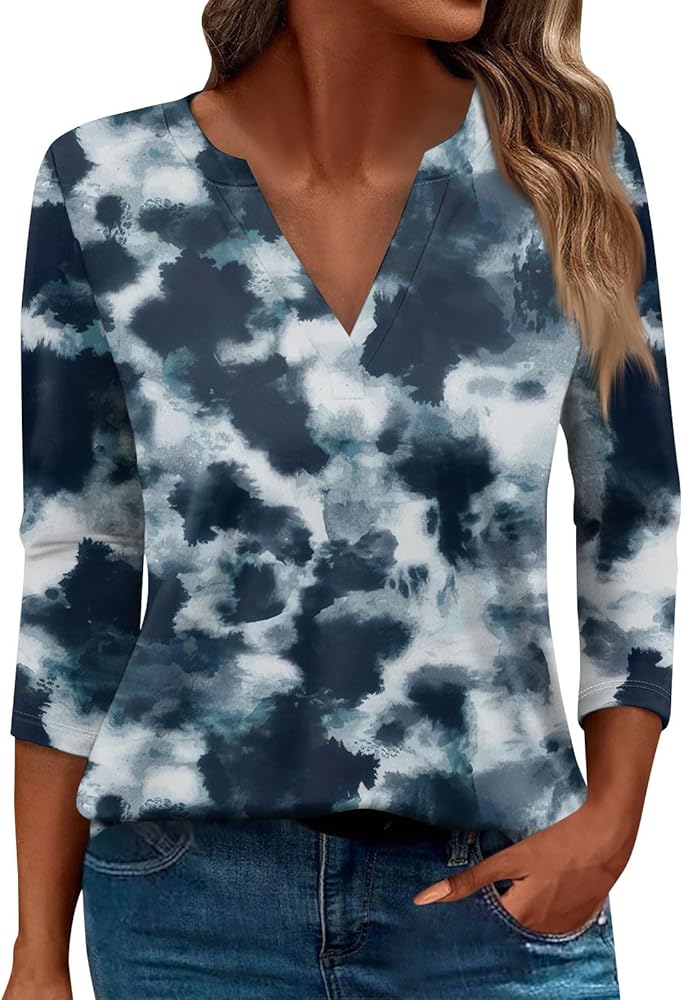 Women's T-Shirts Long Sleeve V Neck Loose Tees Floral Tunics Print Blouses Casual Clothes