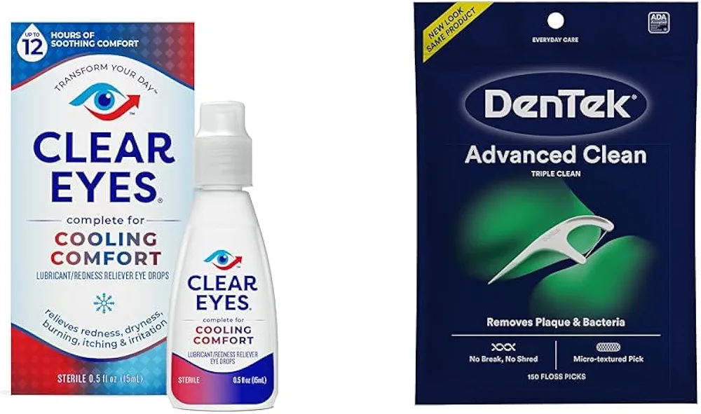 Clear Eyes 0.5 Fl Oz Cooling Eye Drops & DenTek 150 Count No Break Floss Picks Bundle