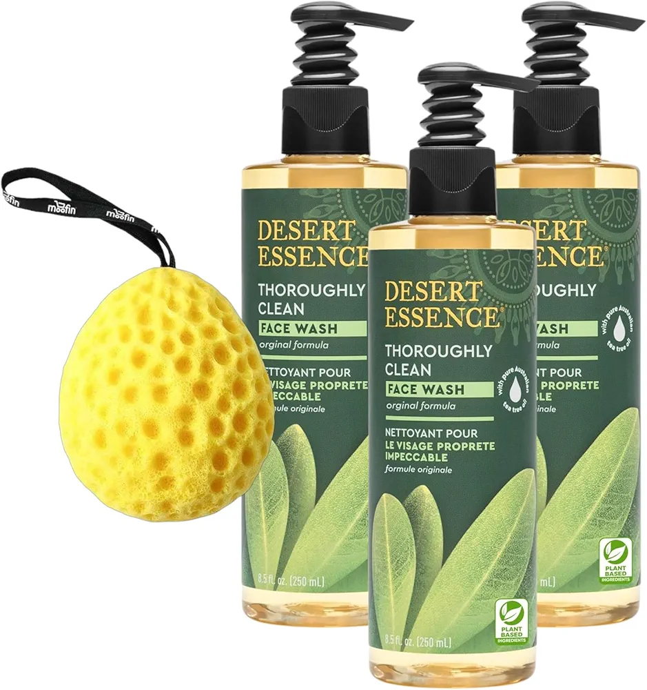 Desert Essence Thoroughly Clean Face Wash, 8.5 fl oz, with Eco-Harvested Tea Tree Oil & Herbal Extracts, Gentle Cleansing for Radiant Skin -Bundled Bath Sponge [Pack of 3]