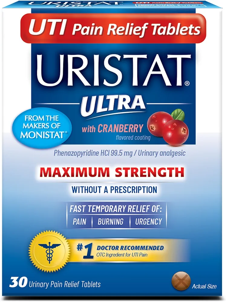 Uristat Ultra UTI Pain Relief Tablets, Fast Urinary Tract Infection Relief of Urinary Pain, Burning, Urgency, Maximum Strength, Cranberry Flavored Coating, 30 Tablets