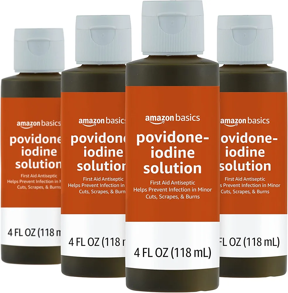 Amazon Basics First Aid Antiseptic, 10% Povidone Iodine Solution, 4 Fluid Ounces, 4-Pack (Previously Solimo)