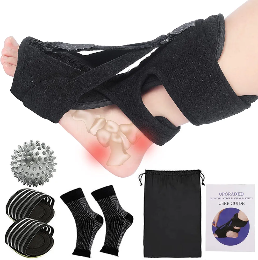 Plantar Fasciitis Night Splint for Heel Pain, Black Achilles Tendonitis Dorsal Night Splint, Foot Splint Orthotic Brace, Upgrade Adjustable Elastic Plantar Fasciitis Splint with Pad For Woman Man