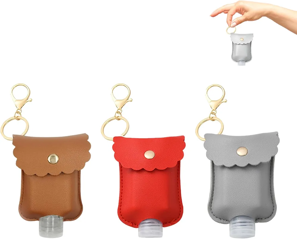 3 Pcs Hand Sanitizer Empty Bottles Travel Holder Bottle Cute Portable PU Leather Hand Sanitizer Keychain Leakproof for Traveling Shampoo Lotion