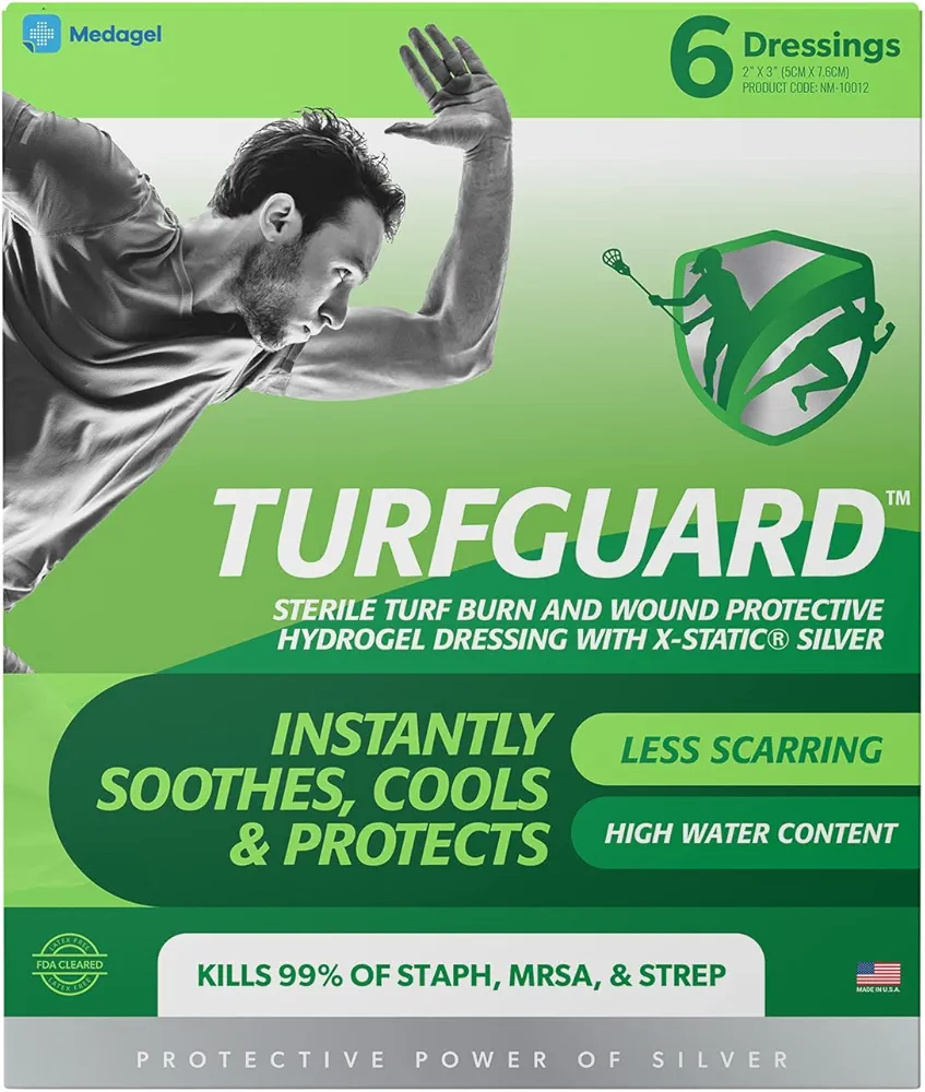 TURFGUARD Turf Burn and Wound Dressing, Hydrogel Pads with X-Static Silver, Soothing, Cooling Protective Treatment for Grass Burns & Wounds, 2" x 3" Sterile Dressings, 6 Count