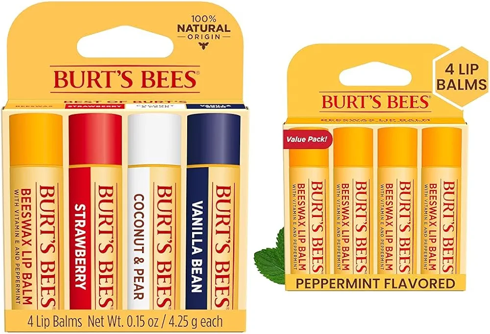 Burt's Bees Beeswax, Strawberry, Coconut and Pear, and Vanilla Bean Lip Balm Pack & 100% Natural Origin Moisturizing Lip Balm, Original Beeswax with Vitamin E & Peppermint Oil, 4 Tubes in Blister Box