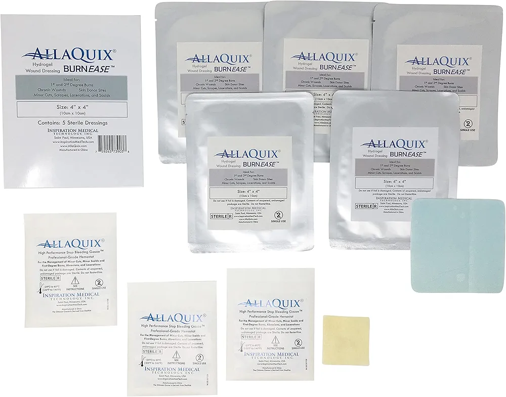 Wound Gauze Combo Pack Bundle: AllaQuix High Performance + AllaQuix BurnEase (includes 3 Pack of High Performance - Large (2"x2"Square) + Box of 5 Hydrogel (X-Large 4-inch Square))