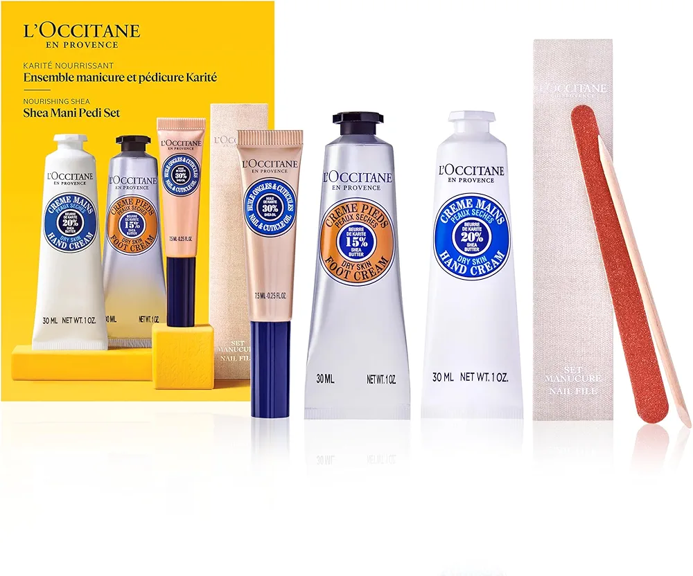 L'Occitane Shea Mani Pedi Set: Soften, Moisturize and Comfort Skin, Set Includes Shea Butter Hand Cream, Foot Cream, Nail & Cuticle Oil, Gift Set