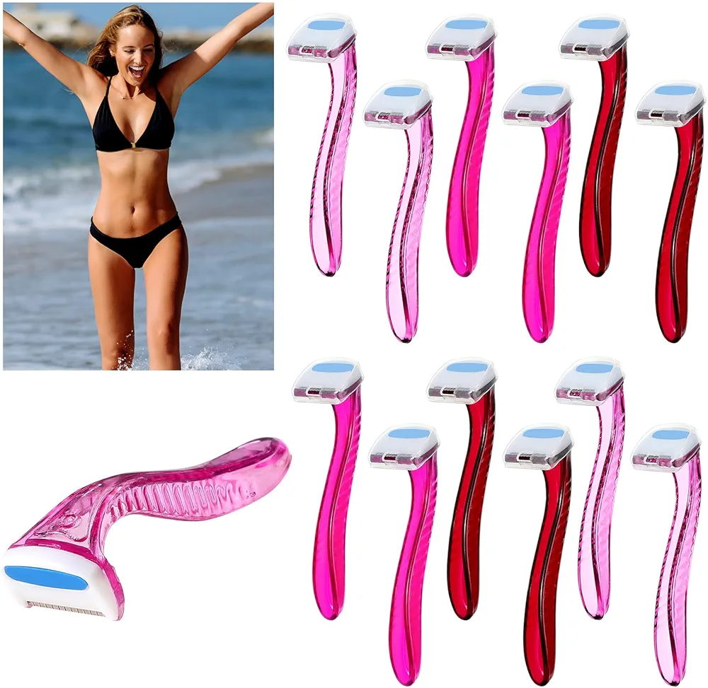 Honoson 12 Pieces T Type Bikini Razor Disposable Women Small Durable Travel Accessories Women Razors Shaver Pubic Hair Removal Beauty Razor for Body Cosmetic Tool(Rosy, Dark Pink, Light Pink)