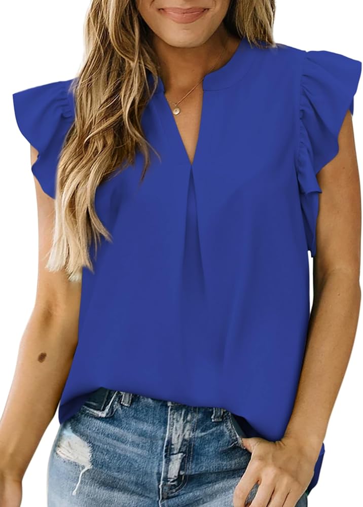 Dokotoo Womens Summer Tops Dressy Casual V Neck Ruffle Short Sleeve Solid Blouses Tops