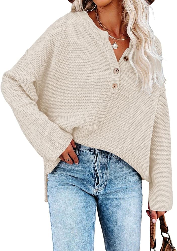 Pink Queen Women's V Neck Button Sweater Oversized Batwing Long Sleeve Henley Pullover Knit Jumper Top